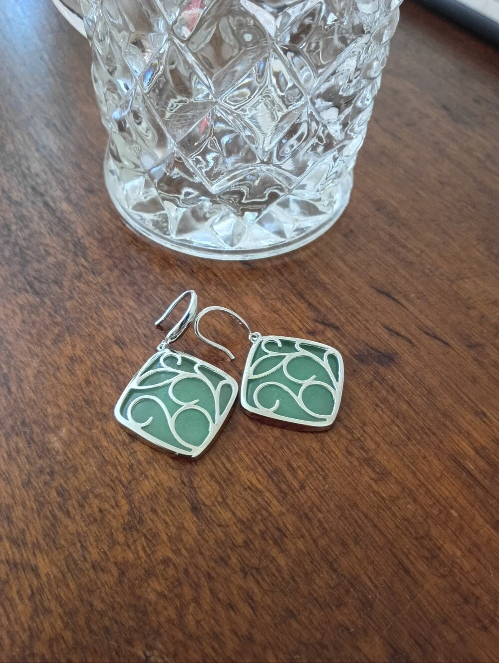 Macy's 925 Sterling Silver Jade Green Filigree Scroll Drop Earrings NWOT